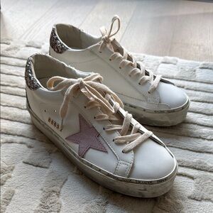 Golden Goose Hi-Star Glittered White and Pink Sneakers